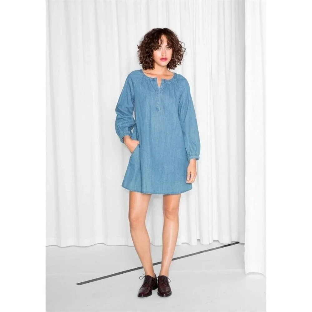 & OTHER STORIES Denim Bishop Dress Size 4 Cotton Snap Buttons Collarless Women’s